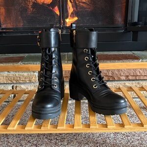 Michael Kors Black Leather Lace-Up Combat Boots with Gold Eyelets